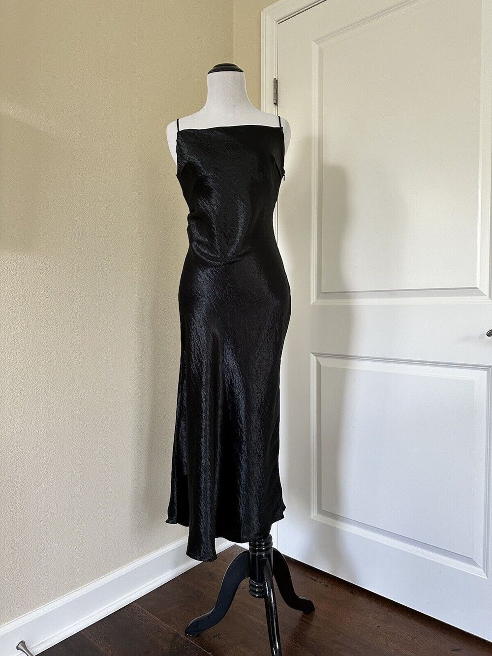 Anthropologie Black 90s Midi Slip Dress Lustre Finish Cowl Neckline Size XS NWT
